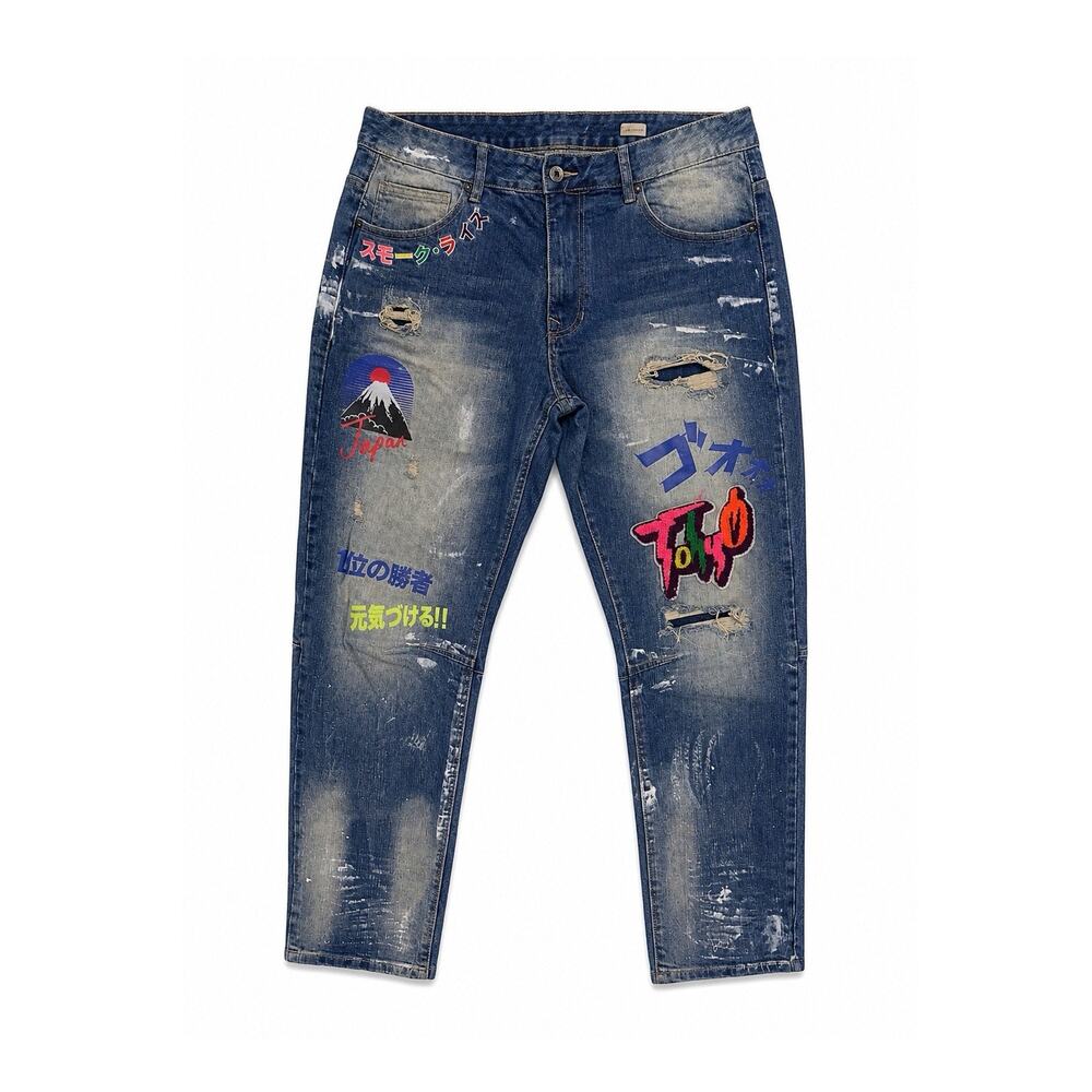 Smoke Rise Handmade Graphic Embroidered Distressed Denim Jeans Blue Straight Men